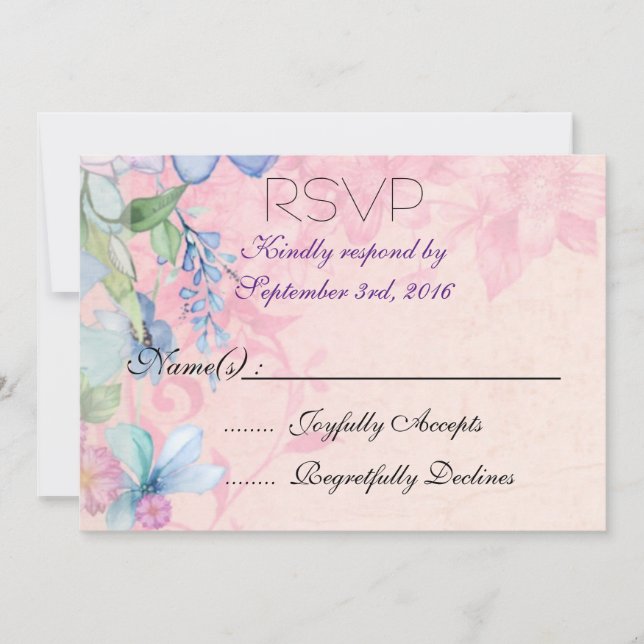 Invitation Joli rose et bleu Fleurs sauvages floraux RSVP (Devant)