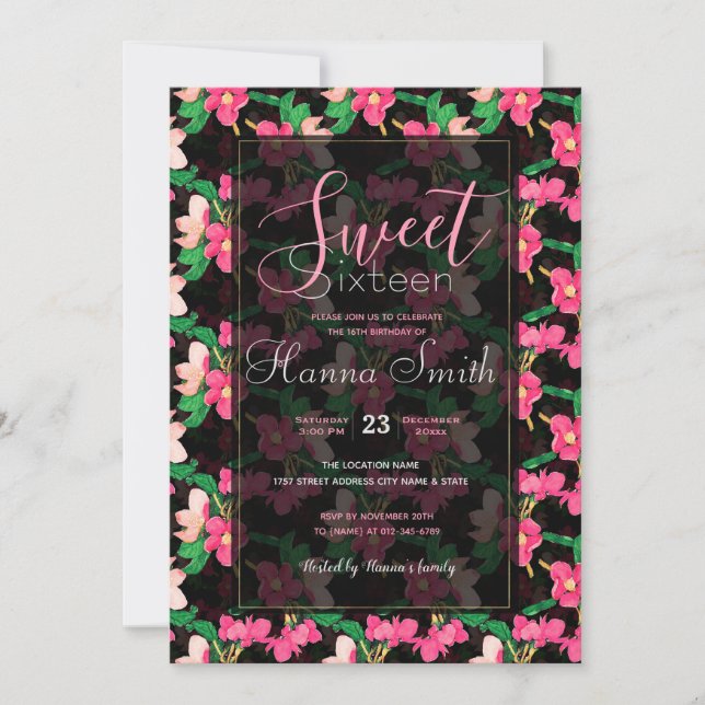 Invitation Joli rose Fleurs de Fleur Peint Noir Design (Devant)