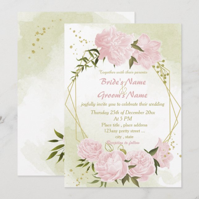Invitation joli rose fleurs verdure mariage géométrique (Devant / Derrière)
