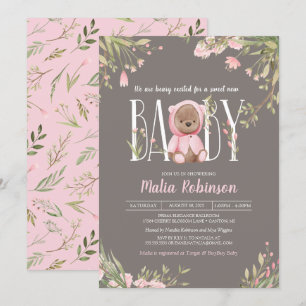 Invitation Joli rose Floral Boho Teddy Bear Baby shower Inv