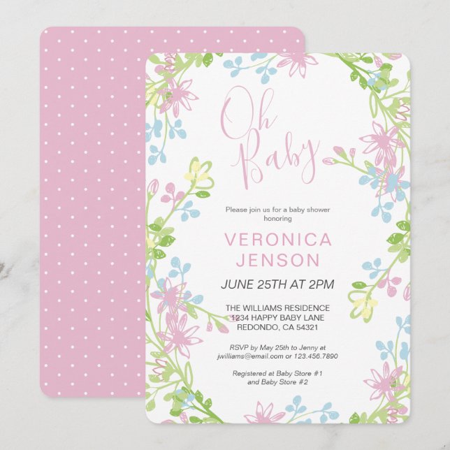 Invitation Joli rose Floral Oh Baby Girl Baby shower (Devant / Derrière)
