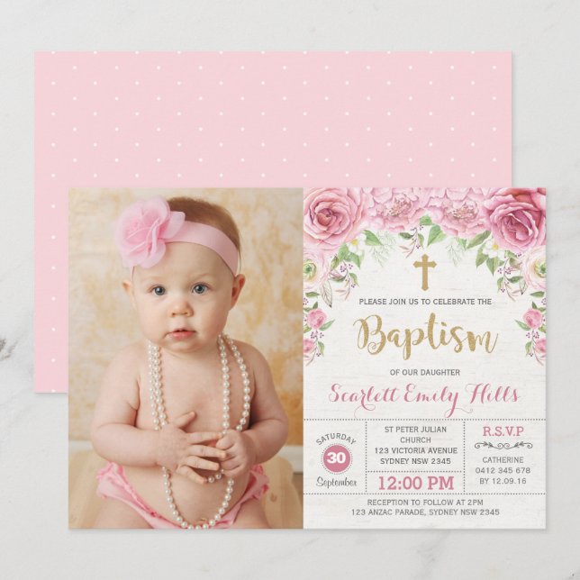 Invitation Joli rose Floral Rose fille Baptême Photo (Devant / Derrière)