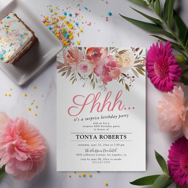 Invitation Joli rose Floral Surprise fête d'anniversaire (Créateur téléchargé)