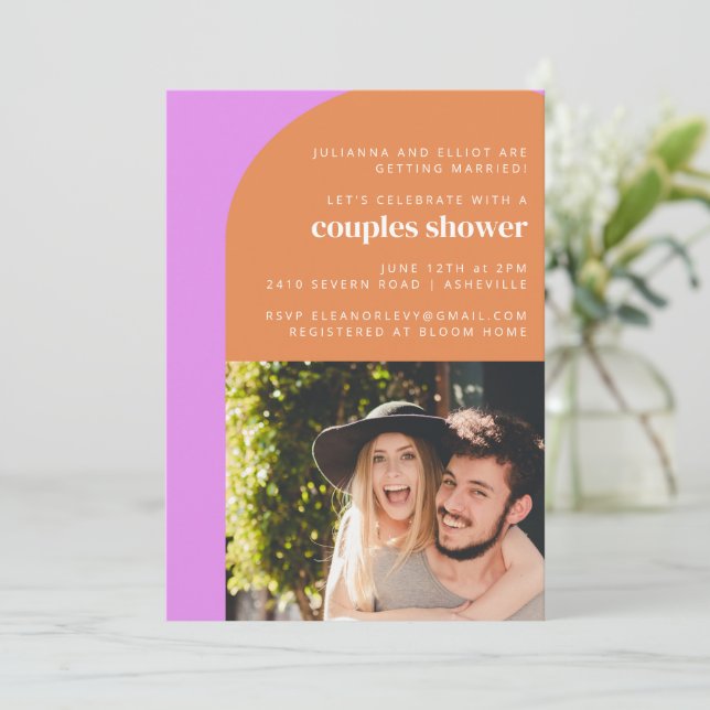 Invitation Joli Rose Orange Arc Rétro Photo Couples Douche (Debout devant)