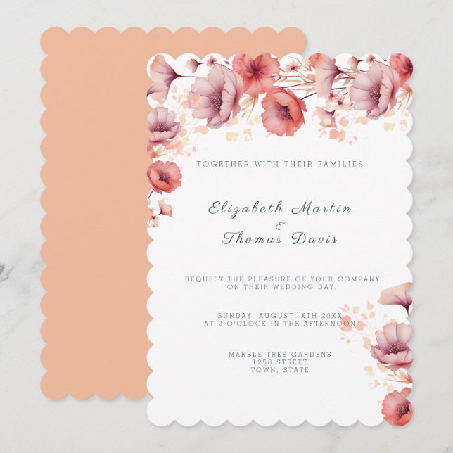 Invitation Joli rose, Peach Fuzz, Mariage Aquarelle (Devant / Derrière)