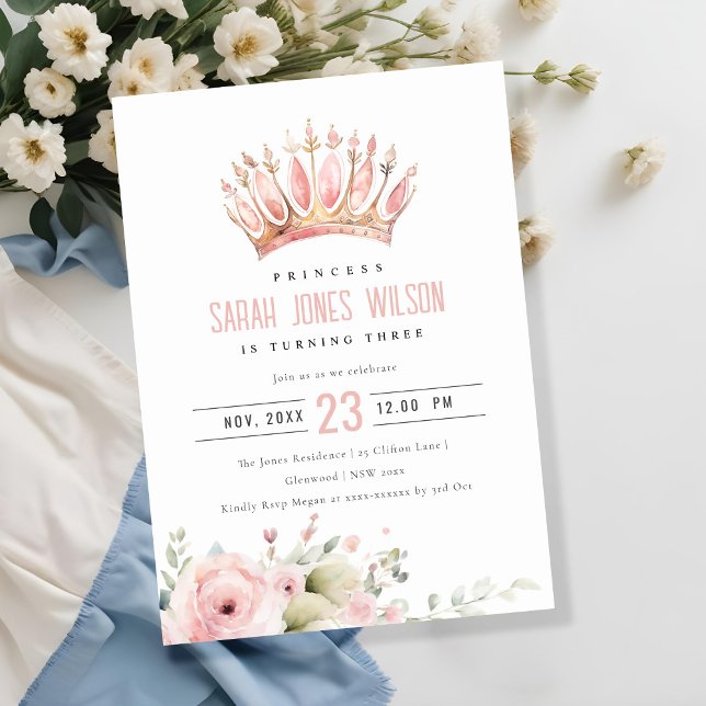Invitation Joli rose princesse Crown Tiara Floral Anniversair (Créateur téléchargé)