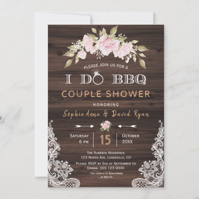 Invitation Joli rose rose Floral Bois I DO BBQ (Devant)