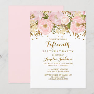 Invitation Joli rose rose or floral 15e anniversaire