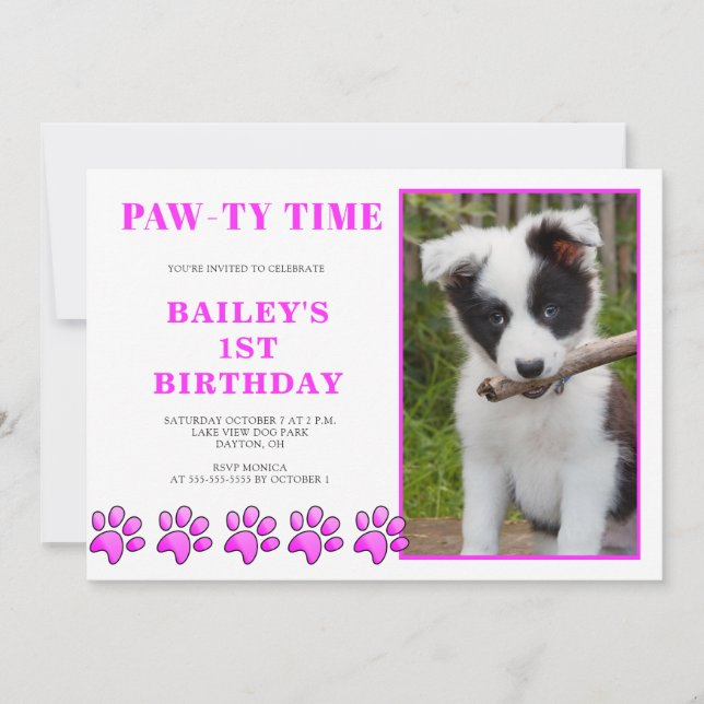 Invitation Joli rose rose Pawty Heure Chien Anniversaire Invi (Devant)