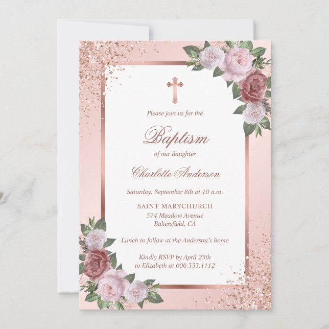 Invitation Joli rose rose rose Roses Rose Croix d'or Baptême (Devant)