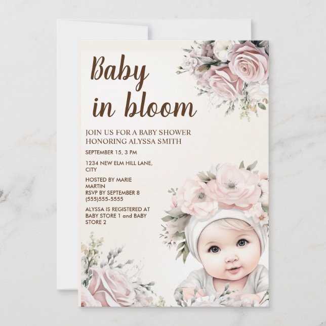 Invitation Joli rose Roses bébé en Fleur Baby shower fille (Devant)