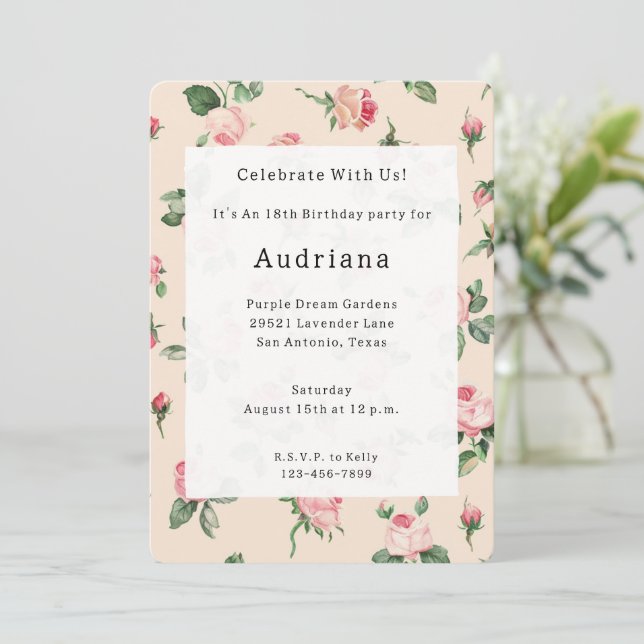 Invitation Joli rose Roses Floral Anniversaire (Debout devant)