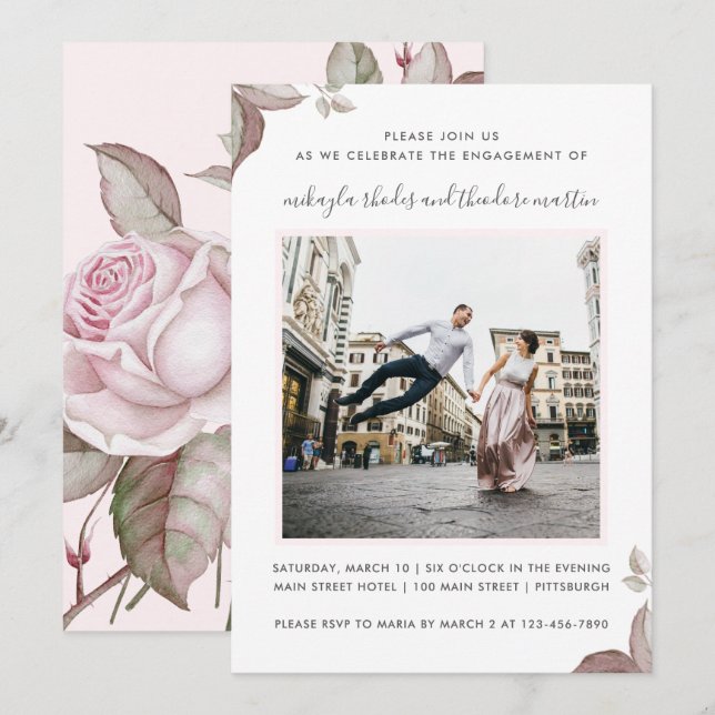 Invitation Joli rose Roses Mariage Photo Fiançailles (Devant / Derrière)