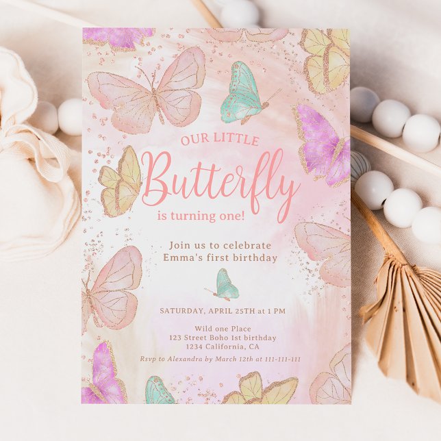 Invitation Joli rose un petit papillon chic 1er anniversaire (Créateur téléchargé)