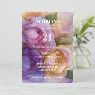 Invitation Joli rose violet or fleuri Anniversaire