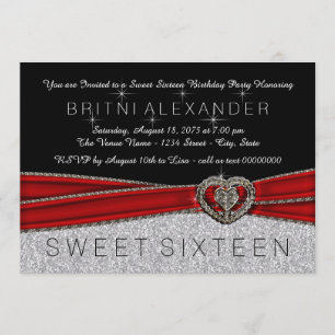 Invitation Joli Rouge Noir et Argent Sweet 16
