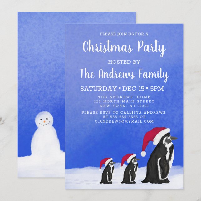 Invitation Joli Rouge Rouge Pingouin Père Noël Famille Neige  (Devant / Derrière)