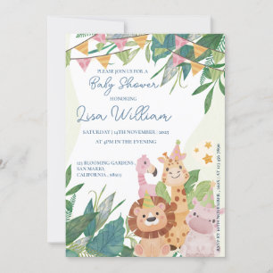 Invitation Joli Safari Animaux Green Leafy Baby shower à thèm