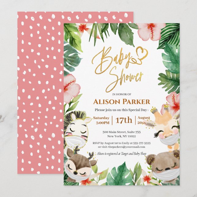 Invitation Joli Safari rose Floral Baby shower de verdure (Devant / Derrière)