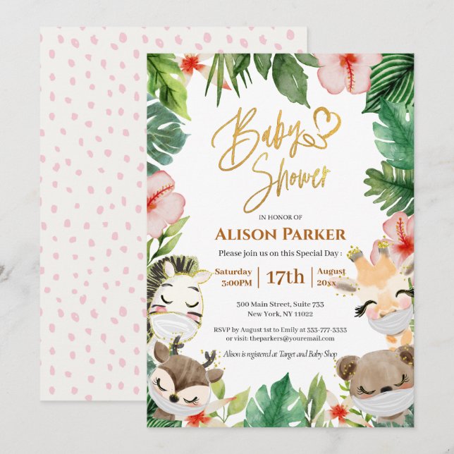 Invitation Joli Safari rose Floral Baby shower de verdure (Devant / Derrière)