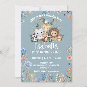 Invitation joli safari zoo animal jungle Floral Anniversaire 