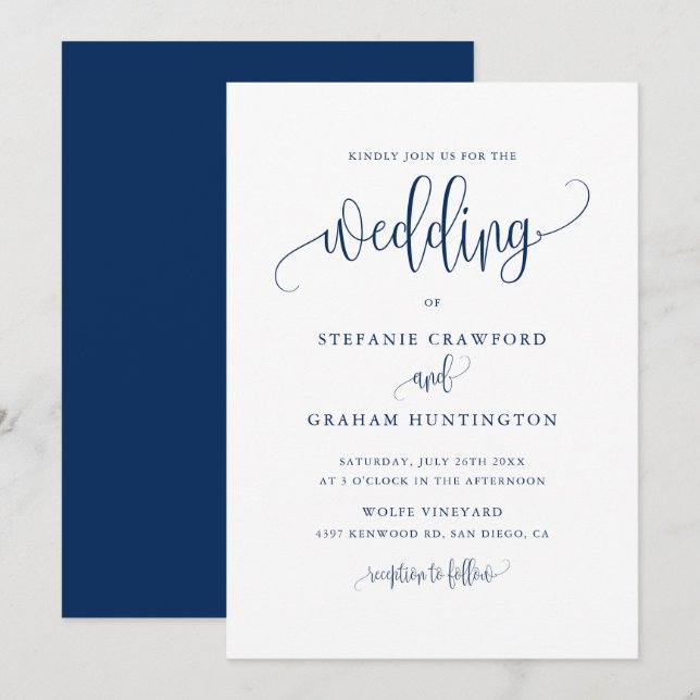 Invitation Joli script de calligraphie Mariage bleu marine (Devant / Derrière)