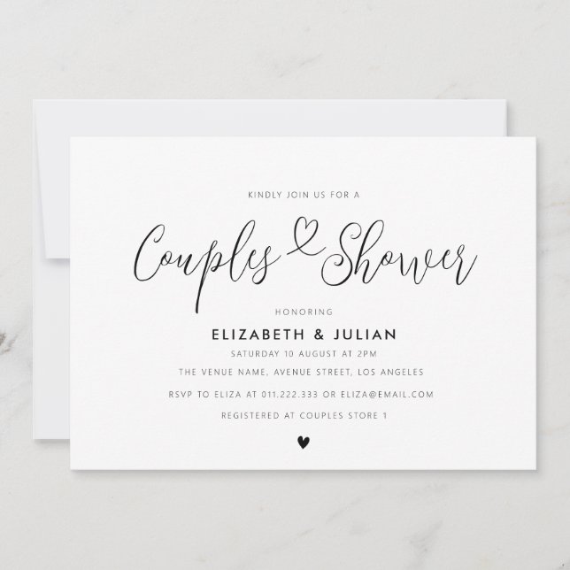 Invitation Joli script noir et blanc couples douche (Devant)