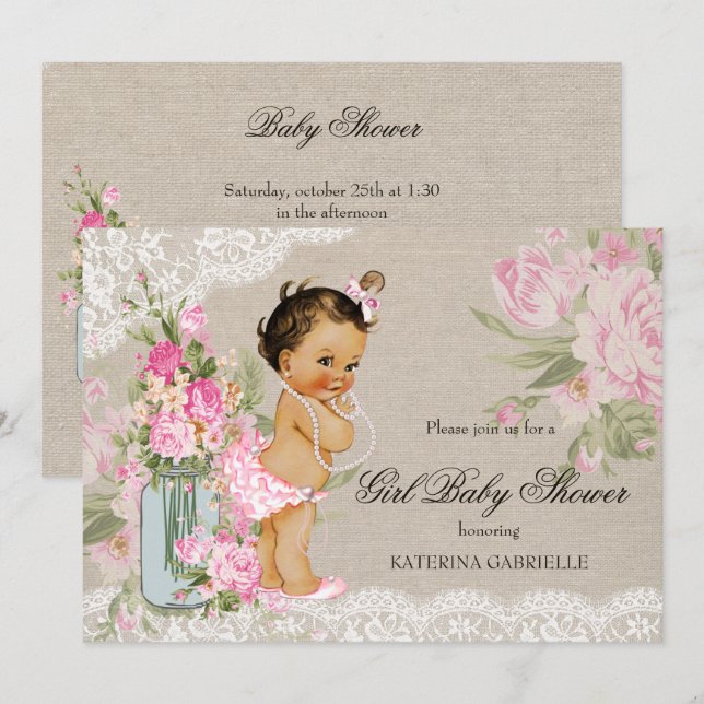 Invitation Joli Shabby Chic Lace Baby shower Floral (Devant / Derrière)