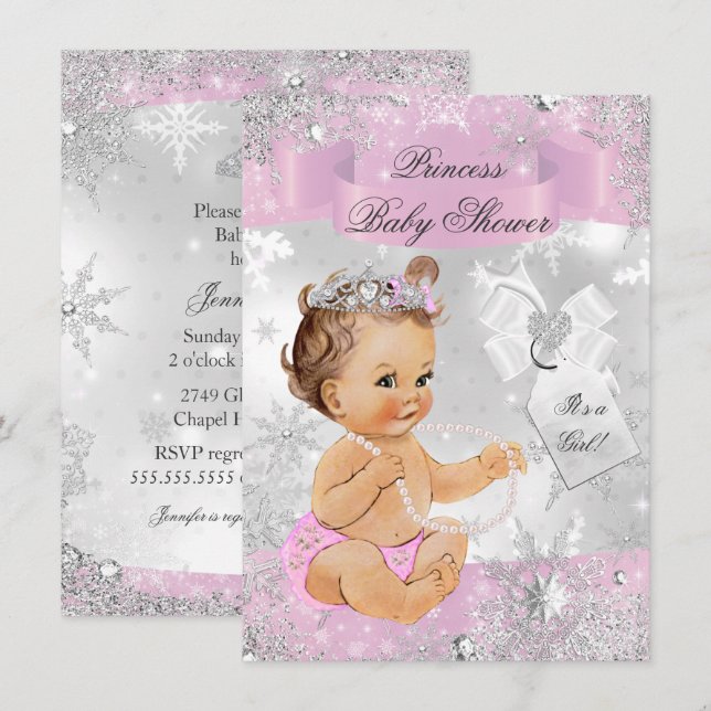 Invitation Joli Snowflake Princess Baby shower rose Invitatio (Devant / Derrière)