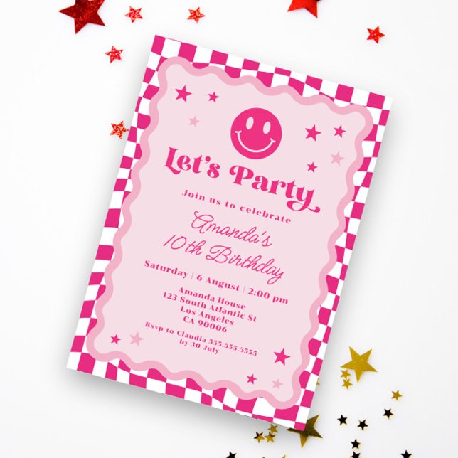 Invitation Joli sourire heureux rose vif à carreaux fille ann (Créateur téléchargé)