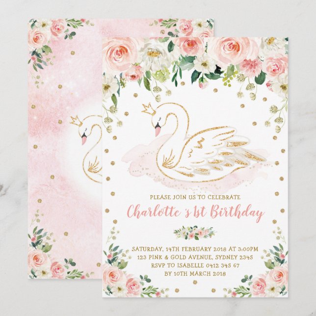 Invitation Joli Swan / Blush Pink Gold Floral Girl Anniversai (Devant / Derrière)