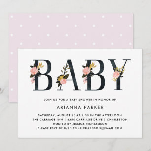 Invitation Joli texte floral noir Baby shower