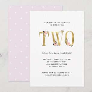 Invitation Joli texte floral or  Deuxième fête d'anniversaire