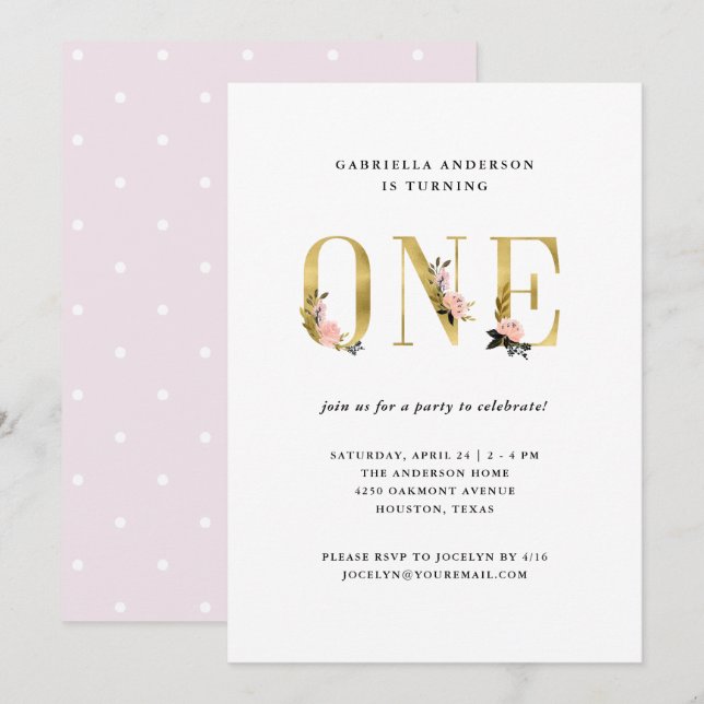 Invitation Joli texte floral or| Premier anniversaire (Devant / Derrière)