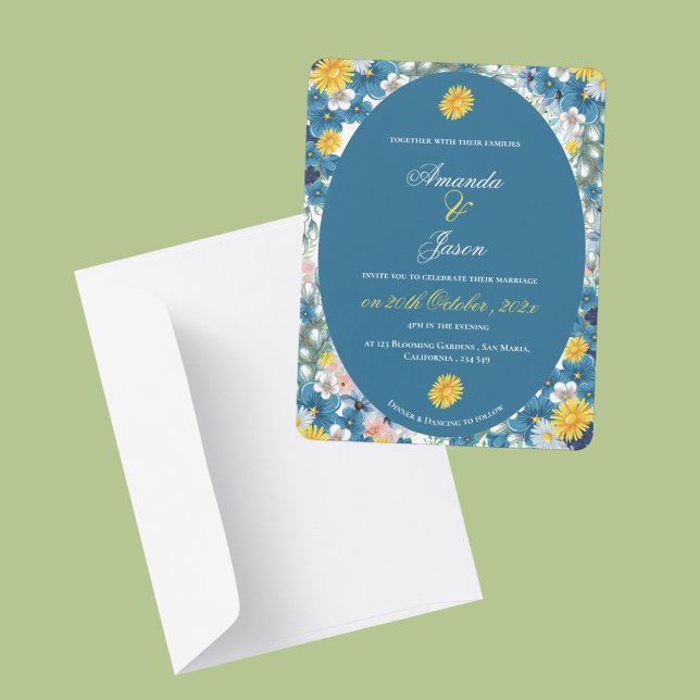 Invitation Joli tournesol Jaune Blanc Bleu Floral Mariage (Pretty Yellow Sunflower White Blue Floral Wedding Invitation)