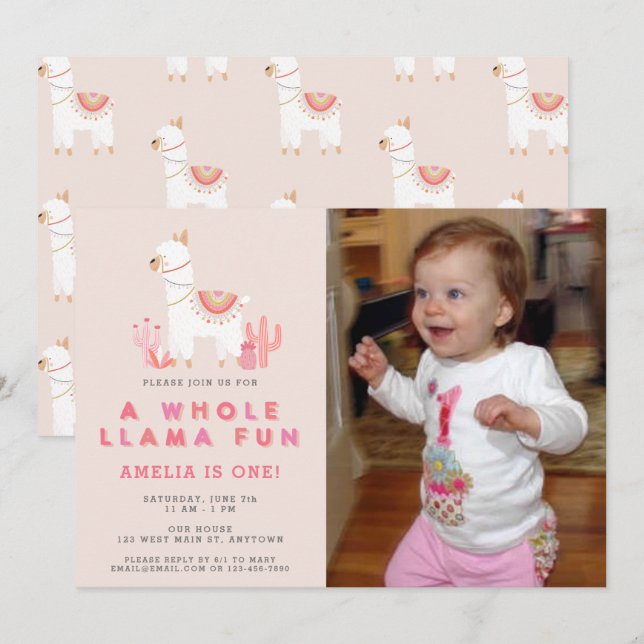 Invitation Joli tout Llama amusant rose premier anniversaire  (Devant / Derrière)