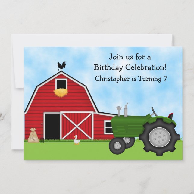 Invitation Joli Tracteur vert et Red Barn Boys Farm Anniversa (Devant)
