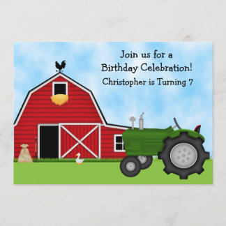 Invitation Joli Tracteur vert et Red Barn Boys Farm Anniversa