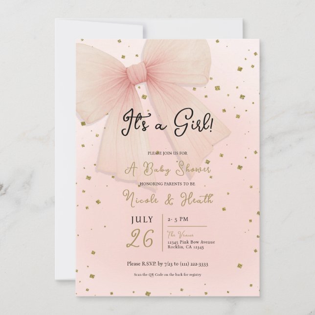 Invitation Joli Tulle Rose Bow & Gold Confetti Baby shower (Devant)