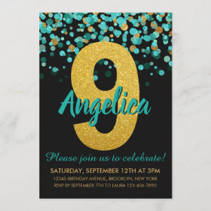 Invitation Joli Turquoise Gold Parties scintillant Noir Confe