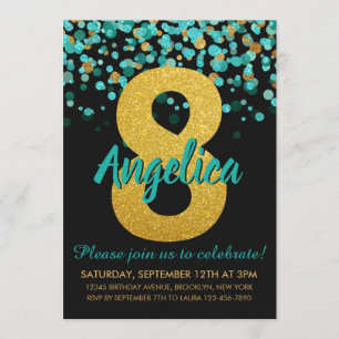 Invitation Joli Turquoise Gold Parties scintillant Noir Confe