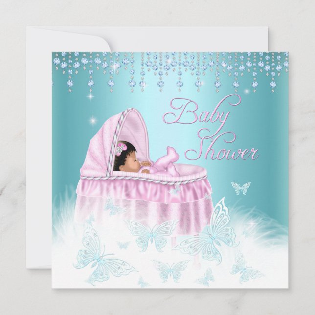 Invitation Joli Turquoise Pink Sparkle Papillon Baby shower E (Devant)