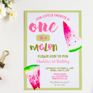 Invitation Joli Un dans un Melon 1er Anniversaire Rose Vert
