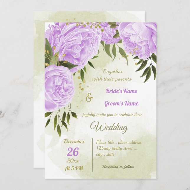 Invitation joli violet fleurs verdure mariage géométrique (Devant / Derrière)