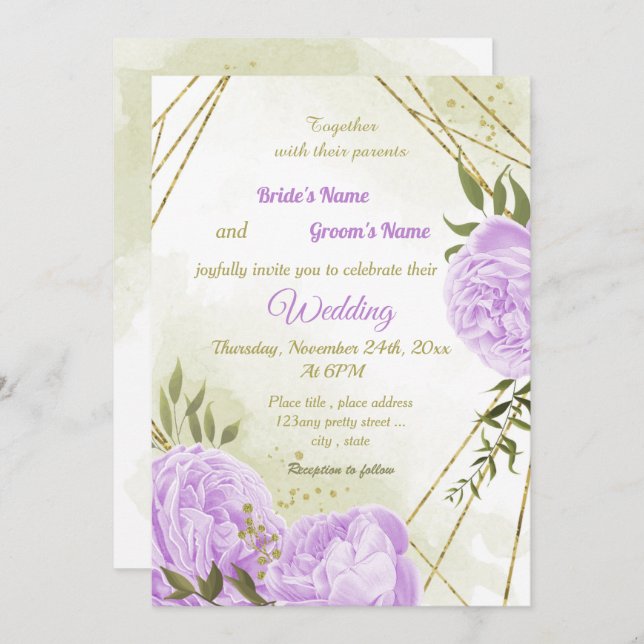 Invitation joli violet fleurs verdure mariage géométrique (Devant / Derrière)