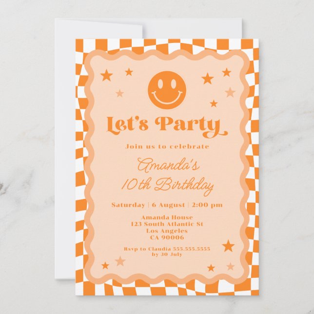 Invitation Joli Visage Orange À damiers Fille Anniversaire (Devant)