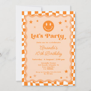 Invitation Joli Visage Orange À damiers Fille Anniversaire