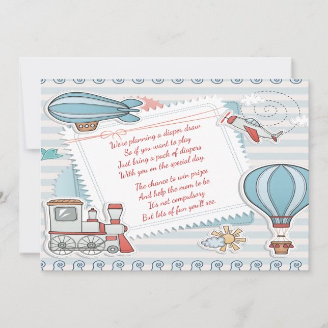 Invitation Joli Voyage Thème Baby Boy Douche Déchets Raffle (Devant)