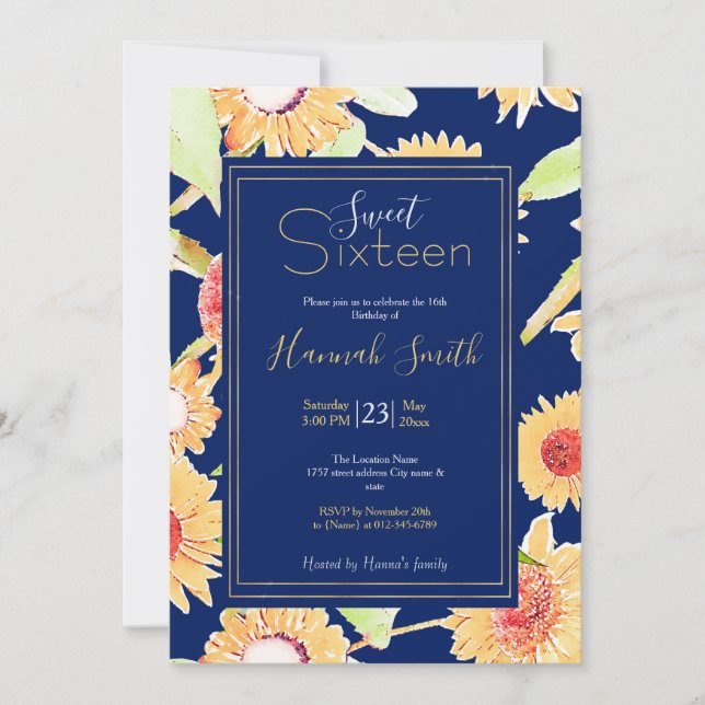 Invitation Joli Yellow & Blue Sunflowers Aquarelle Peinture (Devant)