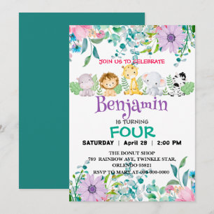 Invitation Joli zoo de fleurs jungle Animaux Anniversaire gir